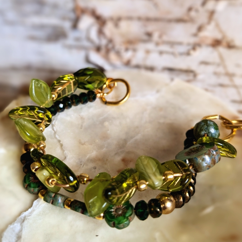 Glass Green Flowers, Leaves & Beads In Druid Flower Bracelet